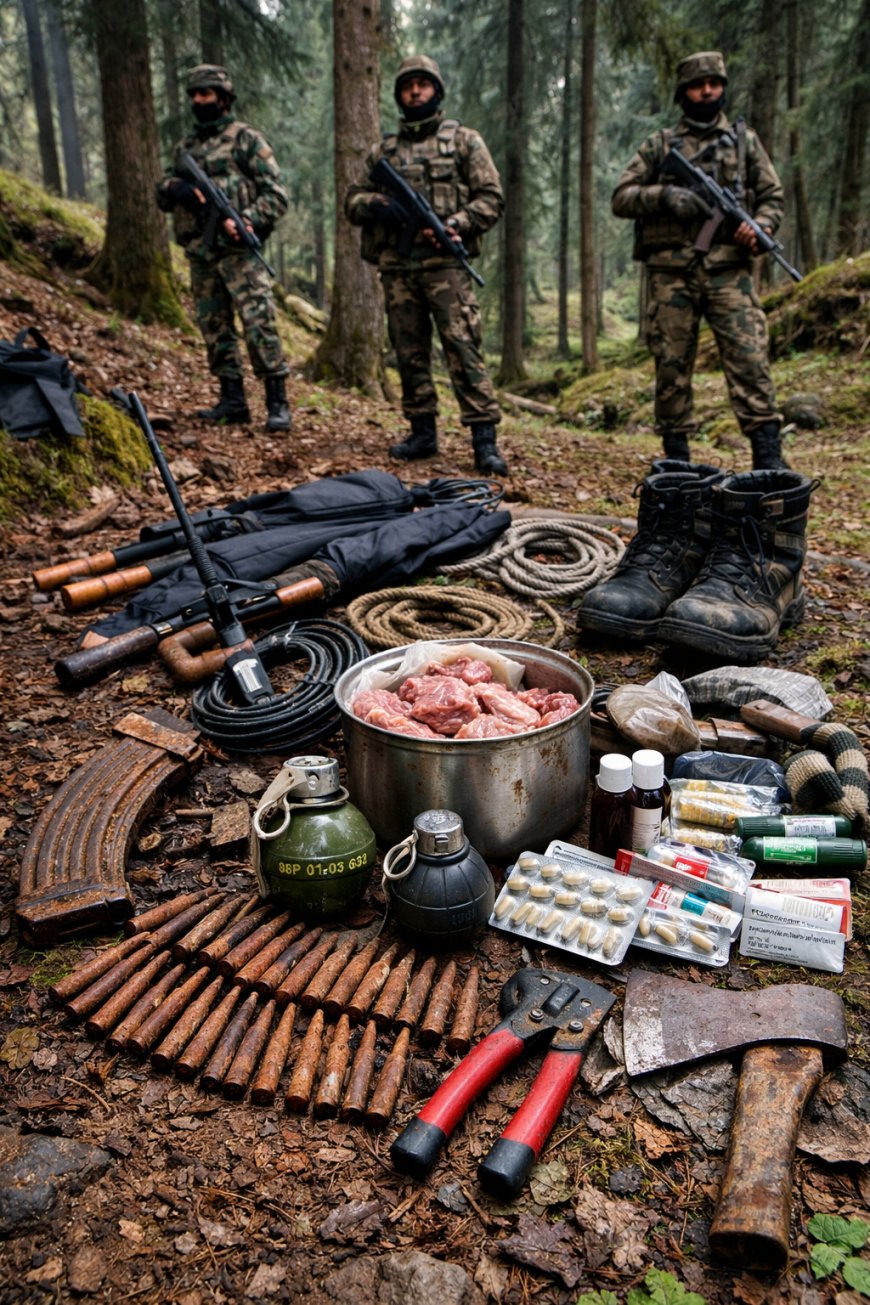बारामूला के सुचलिवारन जंगल में आतंकी ठिकाना बरामद, हथियार और विस्फोटक जब्त