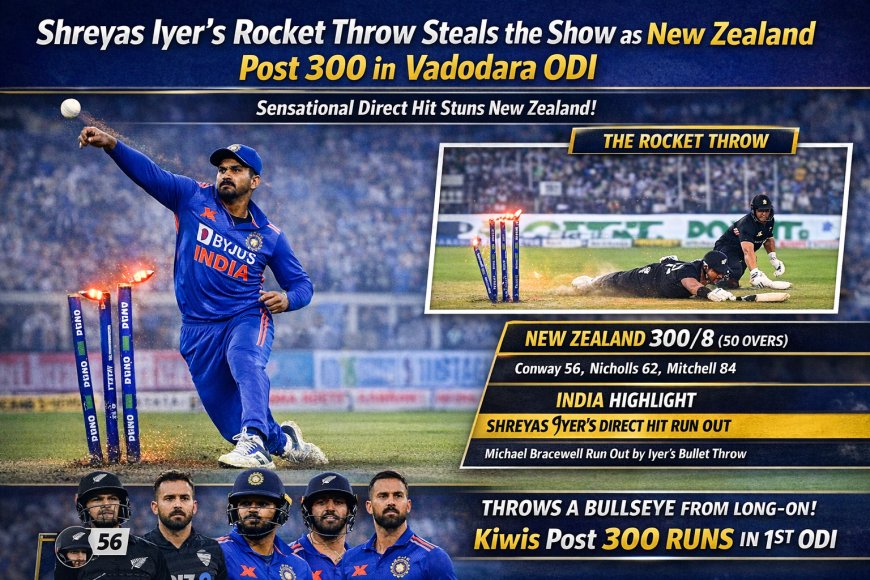 Shreyas Iyer’s Rocket Throw Steals the Show as New Zealand Post 300 in Vadodara ODI